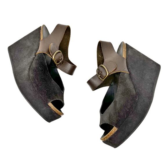 Pedro Garcia Leather + Suede Peep-Toe Wedge Sandals Brown IT 37.5 US 7.5 - Picture 3 of 12